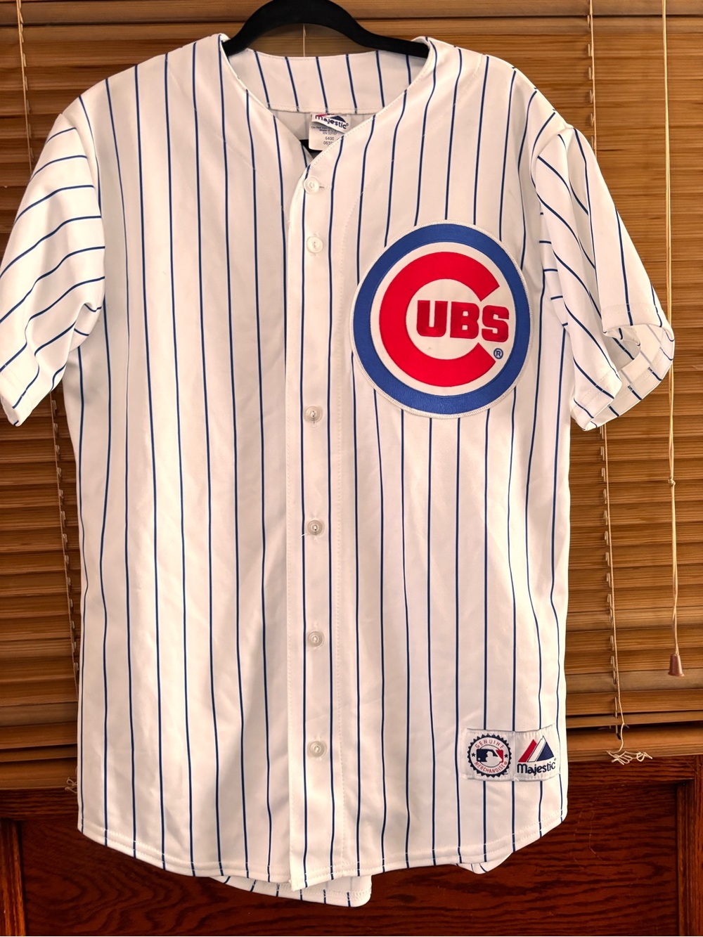Majestic White Pinstripe Baseball Jersey with Blue and Red Logo